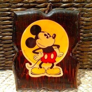 Vintage 1970's Mickey Mouse Sticker on Wood Plaque, EUC